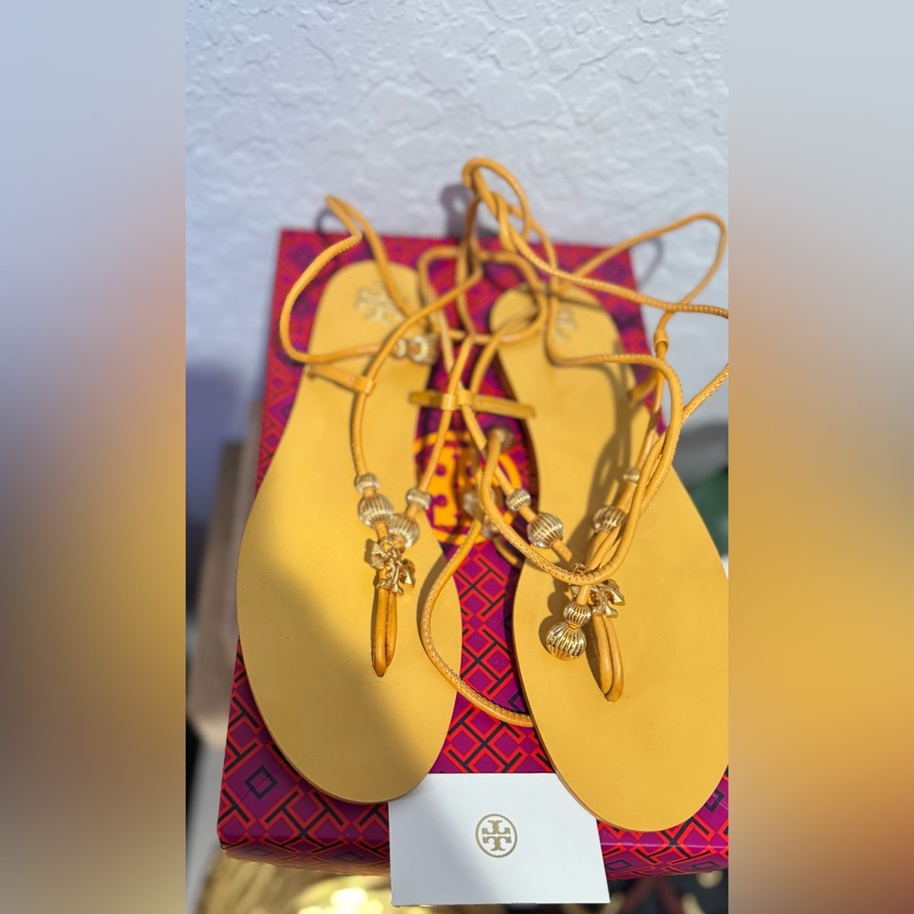 Tory Burch Capri Lace up Yellow and gold Sandals Worn Once !!! - Picture 6 of 10